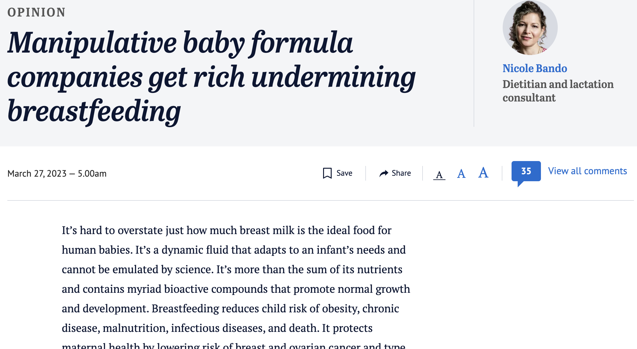 Nicole Bando - The Age Article - Melbourne Dietitian and Lactation Consultant Opinion Piece